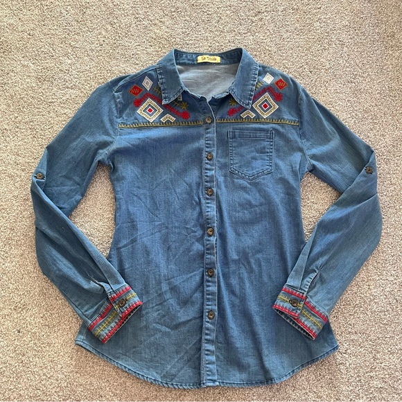 La Diosa Aztec Embroidered Denim Button-Up Long Sleeve Medium - Picture 4 of 11